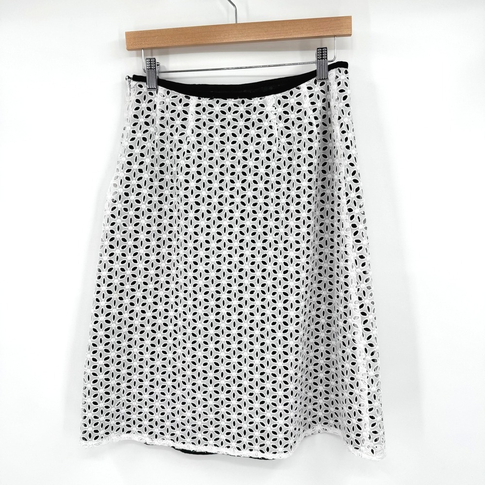 Autograph New York White Floral Eyelet Lace A-Line Skirt Black Lining Womens 8